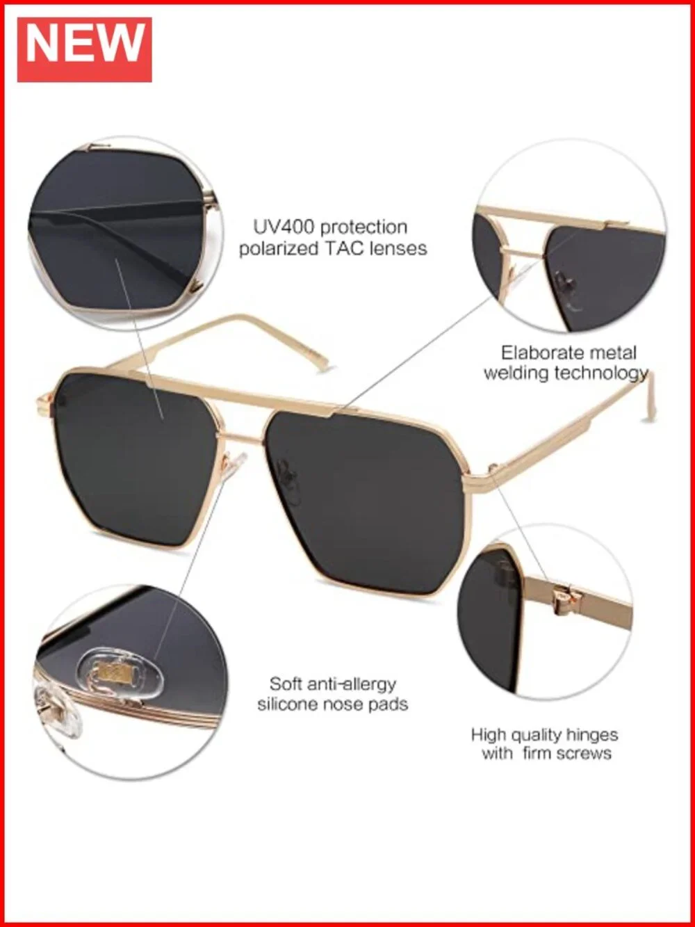 Retro Oversized Square Polarized Sunglasses Metal Frame Classic Shades